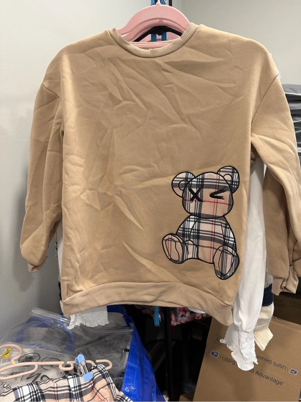 Kids Beige Plaid Bear Pullover Sweatshirt